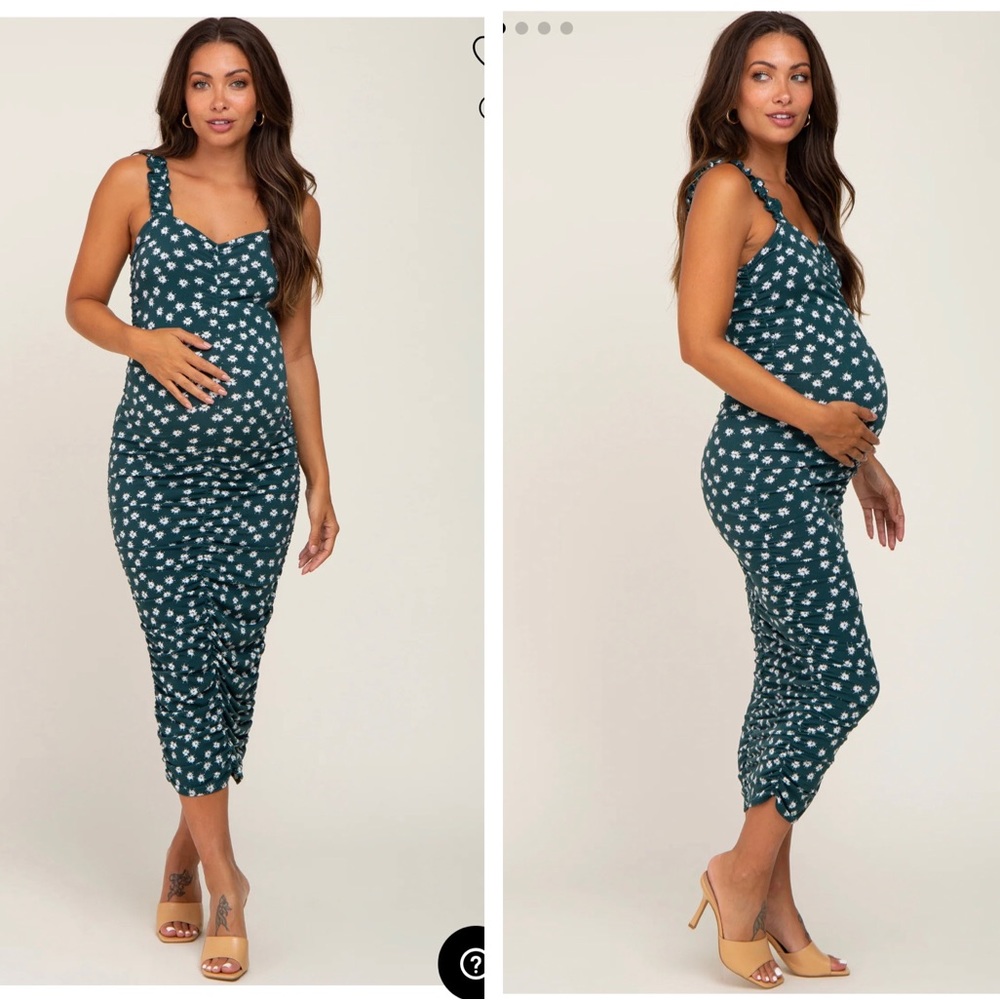 Forest Green Floral Ruched Maternity Midi Dress